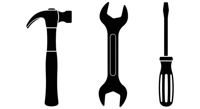 Black silhouette icons of a hammer wrench and a screwdriver