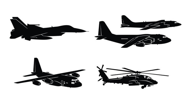Black silhouette illustrations of military attack helicopters in various views