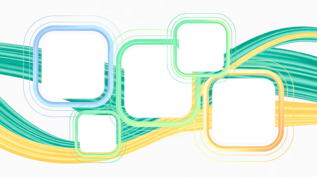 Multiple rounded square frames interconnected by colorful lines and abstract wavy ribbons on a light background