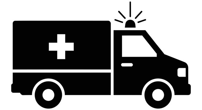Simple black silhouette icon of a fast emergency medical ambulance truck