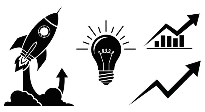 Business icons showing a rocket launch idea and financial growth