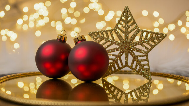 Red Christmas ornaments and a golden star glitter on a reflective tray with festive bokeh lights in the background