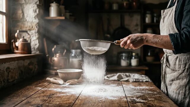 A baker sifts flour onto a rustic wooden table in a dimly lit kitchen creating a cloud of white powder illuminated by a ray of sunlight