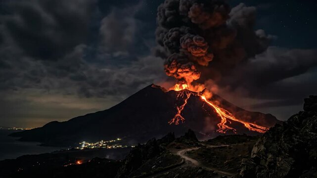 A powerful volcano erupts under a stormy night sky Bright lightning illuminates the fiery lava flowing down its slopes casting an ominous glow