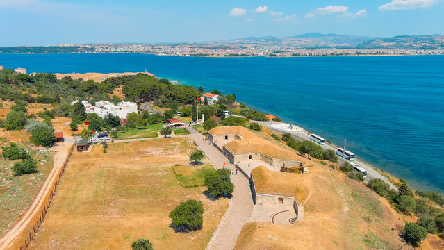Kilitbahir, Turkey. Aerial drone flyover of the historic Mecidiye Bastion, a 19th-century Ottoman fortress on the Gallipoli Peninsula. Aerial View