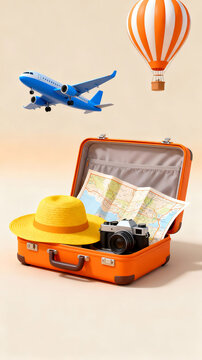 Travel suitcase with hat map and camera