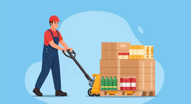Vector illustration of a warehouse worker in a red hard hat and blue overalls pulling a manual pallet jack loaded with cardboard boxes and bottled products for stock distribution.