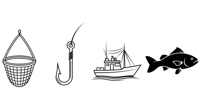 Collection of fishing icons featuring a boat hook net and fish