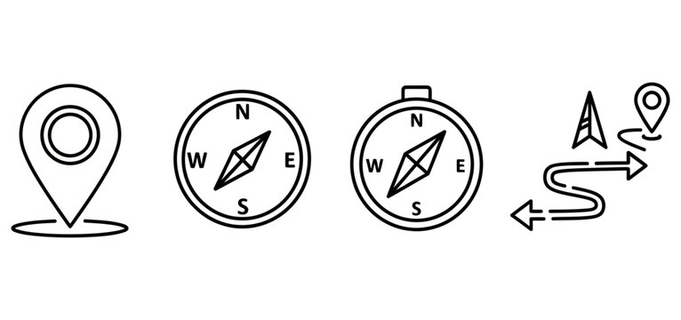 Set of linear icons showing navigation tools and location markers