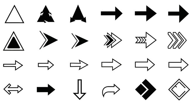 Collection of diverse black and white arrow and triangle icons