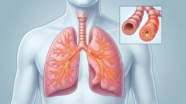 Illustration of human lungs showing inflamed bronchi and trachea with a close-up view