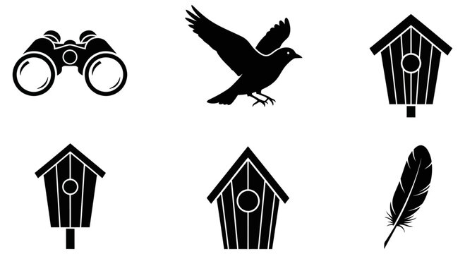 Set of black bird watching icons with houses and binoculars