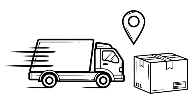 Delivery truck speeding towards a parcel with a location pin icon