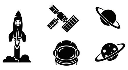 Set of black space icons featuring rockets planets and astronauts © Muhammad