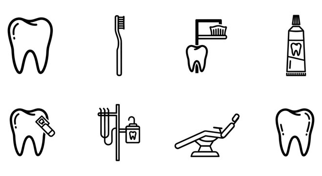 Black and white line icons representing various dental hygiene tools