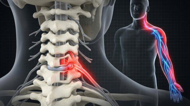 Cervical spine nerve compression causing radiating arm pain and discomfort