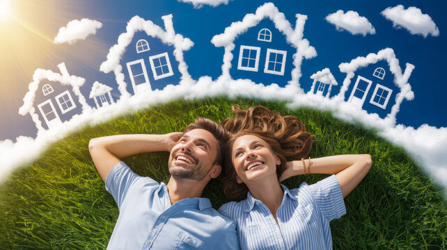 Smiling couple lies on a grassy hill looking at cloud houses in a sunny blue sky representing dreams of home ownership