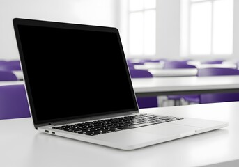 Fototapeta premium Modern silver laptop computer with a blank black screen placed on a white desk inside a bright, contemporary classroom or lecture hall with purple chairs and windows in the background.