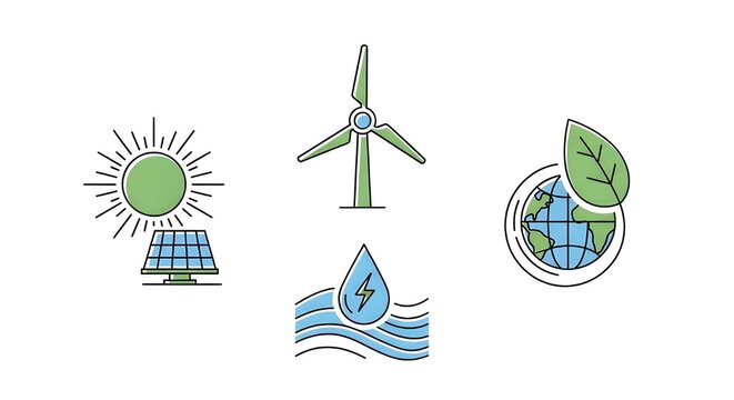 Icono de energ&iacute;a renovable con luz solar, viento, agua, combustibles f&oacute;siles, petr&oacute;leo, gas, carb&oacute;n, contaminaci&oacute;n del aire, energ&iacute;a solar y paneles.