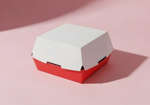 Closed white and red cardboard clamshell burger box for fast food packaging mockup isolated on a pink studio background with hard shadows, high-angle view of a disposable container