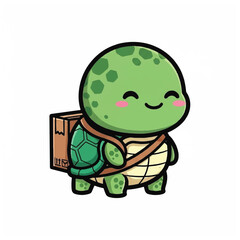 Obraz premium Smiling green turtle with backpack.