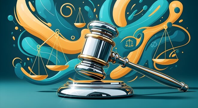 Ilustraci&oacute;n de mazo de madera con acabado pulido, acompa&ntilde;ado de formas abstractas en naranja y negro, que representan temas de justicia y derecho en un estilo art&iacute;stico moderno.