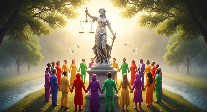 Estatua dorada de la justicia con escamas rodeada de gente colorida y diversa.
 La estatua representa justicia, igualdad.
 La gente se para en c&iacute;rculo alrededor de la unidad de la estatua, el equilibr