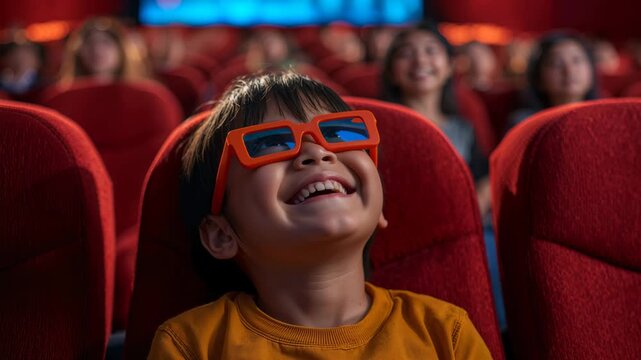 中立の光で３Ｄ映画に驚く日本人の子供を写した映画館の座席