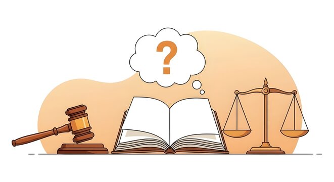 Martillo de libro de leyes y escalas de justicia &iacute;conos para conceptos de derecho y justicia legales con signo de interrogaci&oacute;n