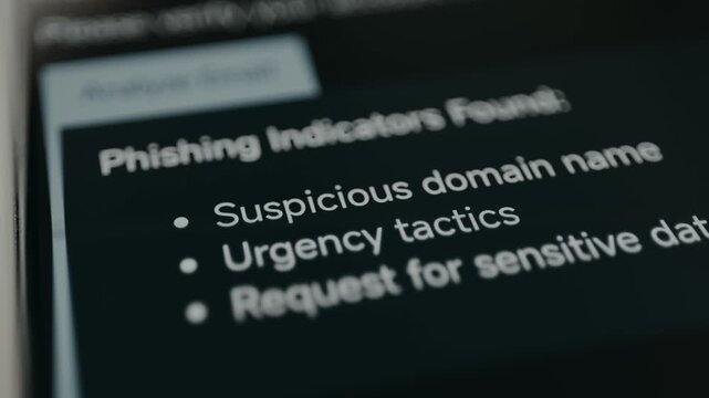 A list of phishing indicators appears on screen, including suspicious domain, urgency tactics, and sensitive data requests