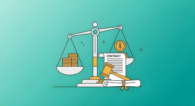 Ilustraci&oacute;n plana de la ley y el orden en los negocios con mazo y documento sobre fondo azul para conceptos legales o comerciales con justicia y tribunal