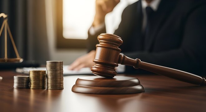 Martillo de juez con monedas apiladas y empresario que simboliza el concepto de derecho financiero