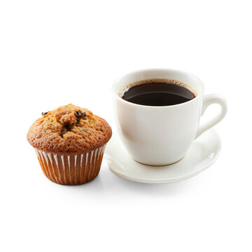 A cup of coffee served alongside a warm muffin, perfect for breakfast. full length isolate on transparent background