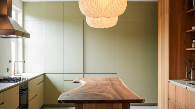 This elegant modern kitchen showcases a unique live edge wooden island complemented by sage green cabinetry and a stylish pendant light