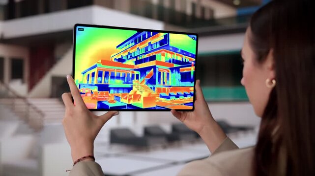 Energy Auditor Uses Infrared Camera Outside House Detecting Heat