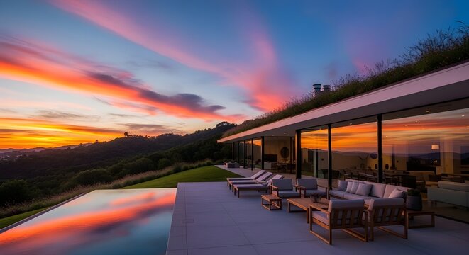 Impresionante casa moderna con paneles solares en la azotea que disfrutan de vistas panor&aacute;micas a las monta&ntilde;as y exteriores iluminados por el sol