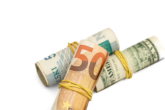 Face value of paper banknotes, 50 zloty, 50 dollars, 50 euro purchasing power