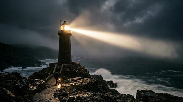 A powerful lighthouse beam cuts through a stormy night sky illuminating rugged coastal cliffs and turbulent ocean waves offering a beacon of hope