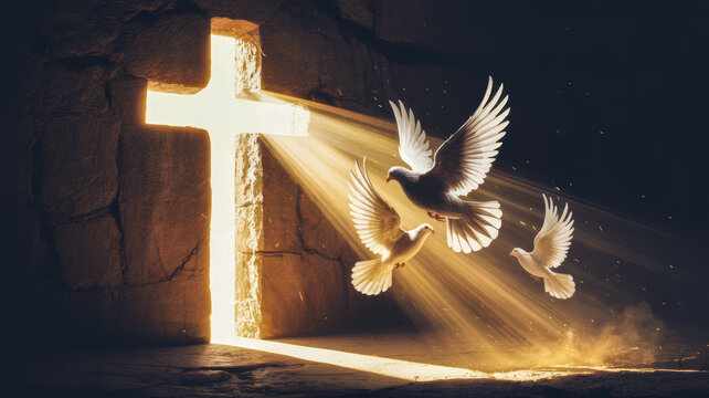 Three white doves fly from a glowing cross shaped opening in a dark stone cave surrounded by divine light and hope