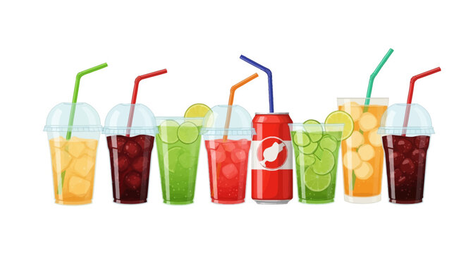 Assortment of carbonated soft drinks in plastic takeaway cups with dome lids, a red soda can, and glasses featuring cola, orange soda, and lime mojito with ice cubes and straws.