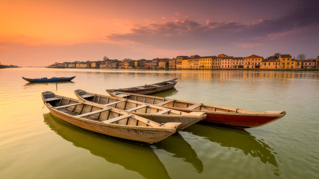 Traditional wooden boats float peacefully on a river with historic buildings under a vibrant sunset sky