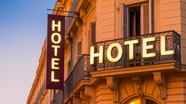 Two illuminated hotel signs stand out on a classic building facade with elegant architecture under a twilight sky