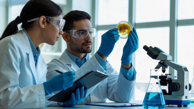 Two scientists in a bright laboratory carefully examine a petri dish filled with cultures while taking notes
