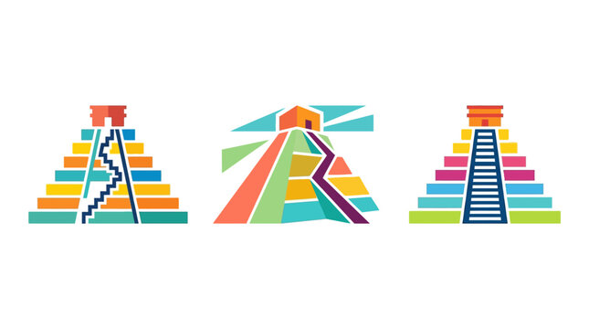 Colorful Aztec Temples Set Against White Background