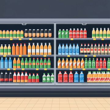 Flat vector illustration of a supermarket commercial refrigerator display case with organized shelves of colorful bottled beverages including soda, water, and fruit juice drinks.