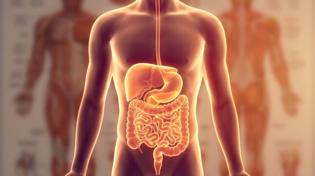 Anatomical illustration of the human digestive system glowing with internal light