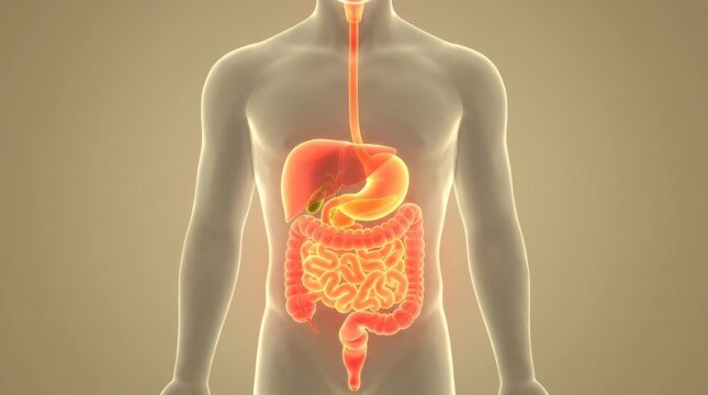 Anatomical illustration of the human digestive system in a transparent body outline