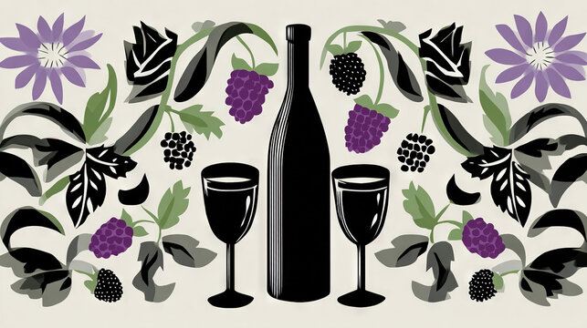 Stylized Illustration of Wine Glasses, Grapes, and Vine Leaves