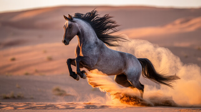 Wild dapple grey horse gallops powerfully through desert sand dunes at sunset