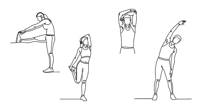 Line art illustration depicting people performing various stretching exercises